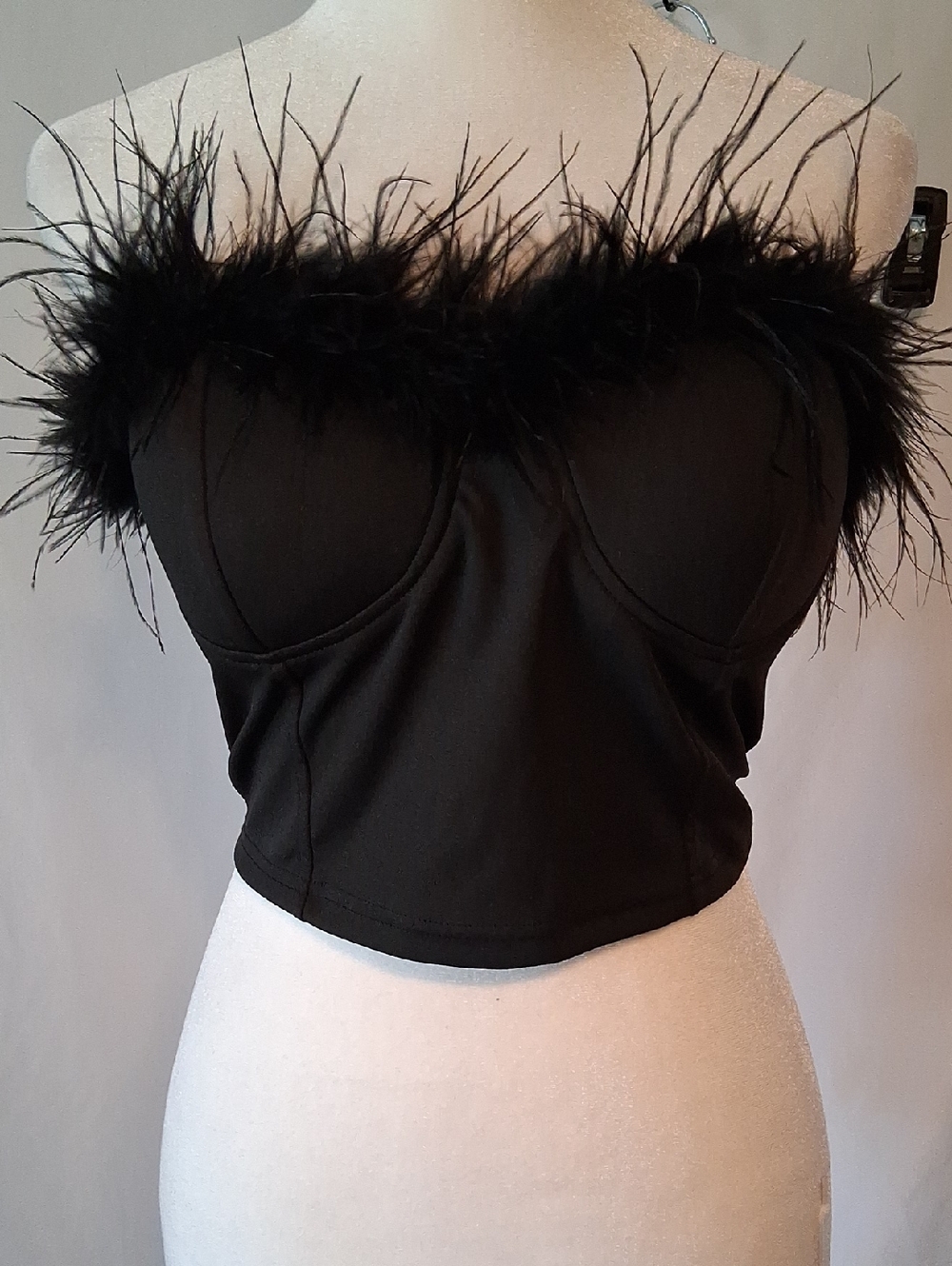Black Feather Trim Bustier Crop Top